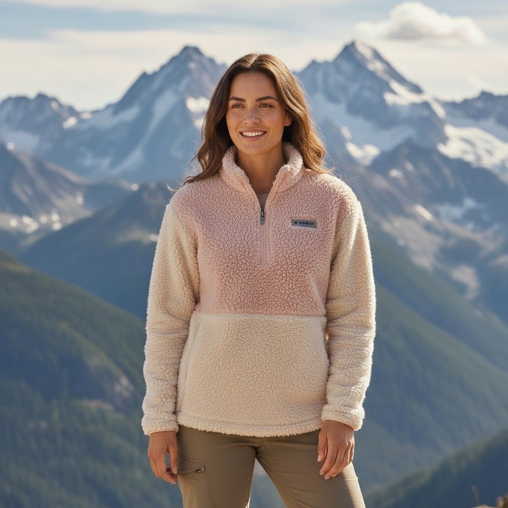 Magellan Outdoors Sherpa Fleece Pink Cream Colorblock Quarter Zip Pullover XXL